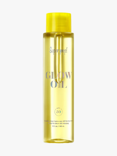 Supergoop! Glow Oil SPF 50 Dry Body Oil Sunscreen in branded component on a light gray background